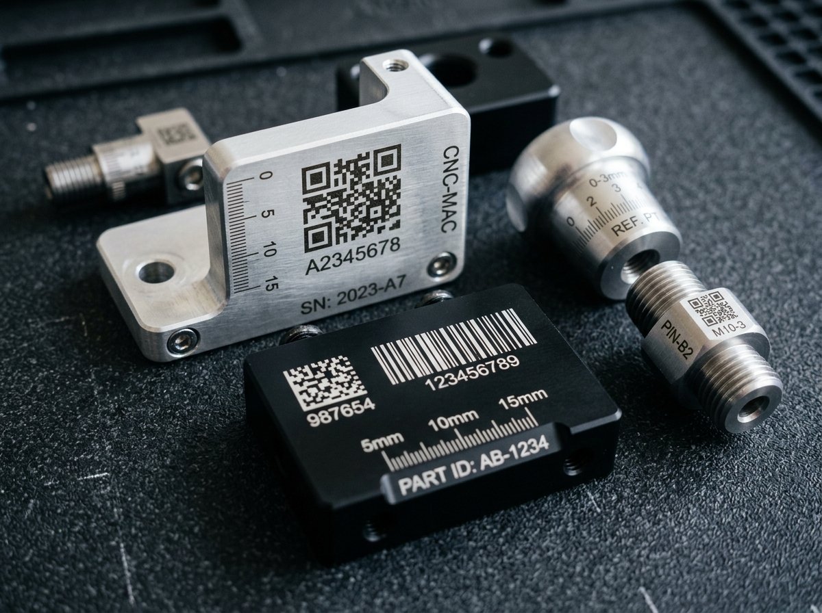 Laser marked QR code and serial number on metal tag