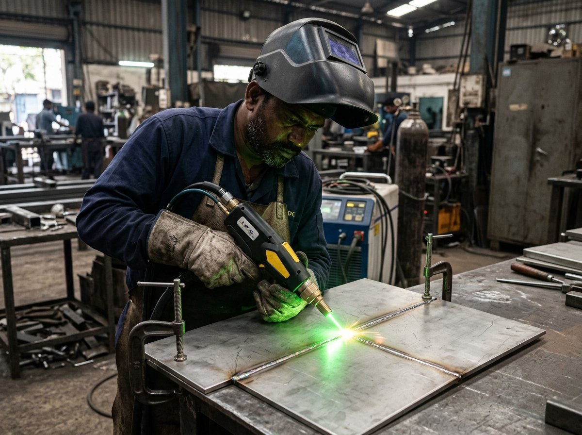 Handheld 3kW fiber laser welding torch operating in workshop